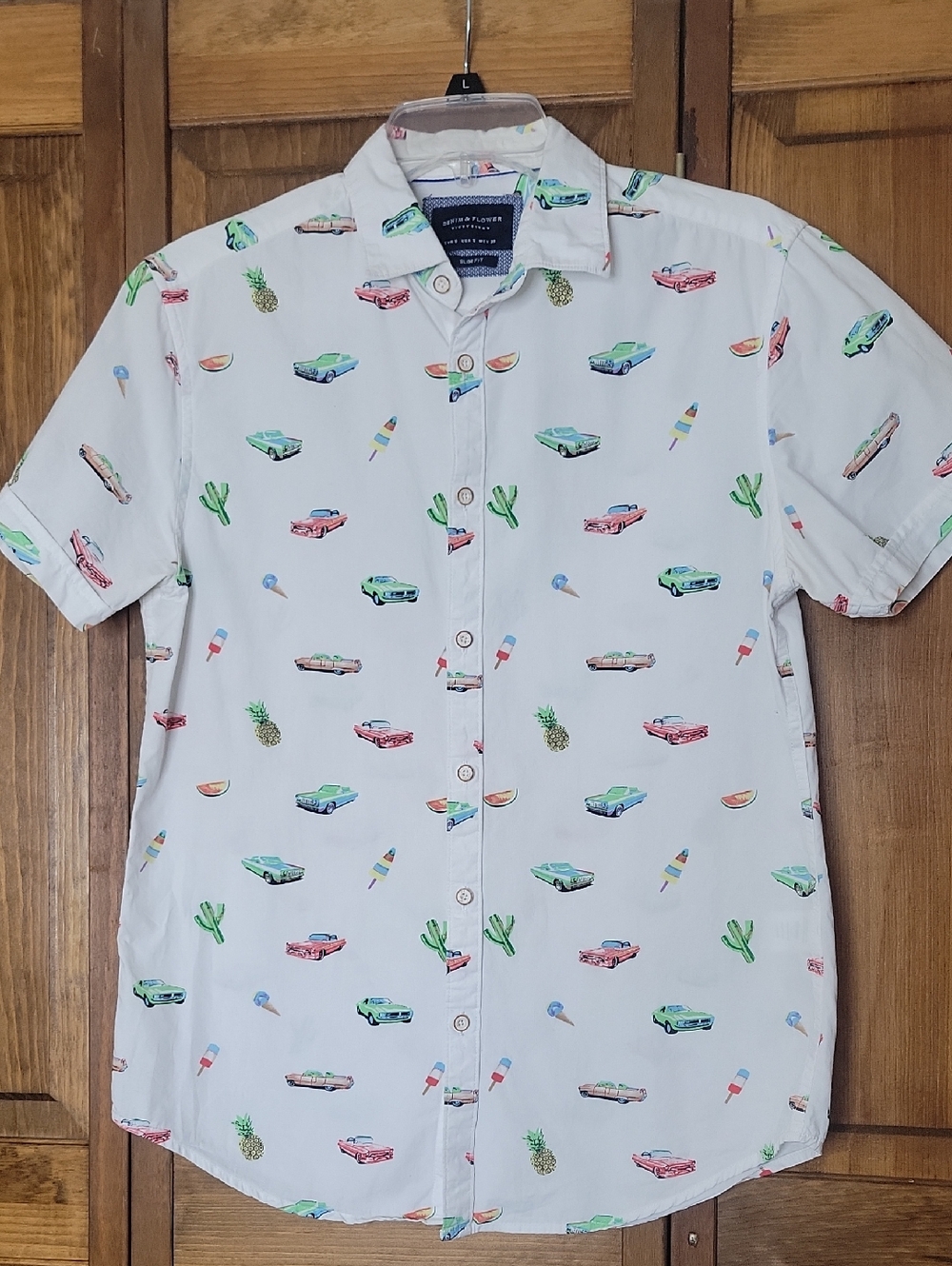 Denim & Flower Casual Short-Sleeve Printed Button-Up Shirt Sz S